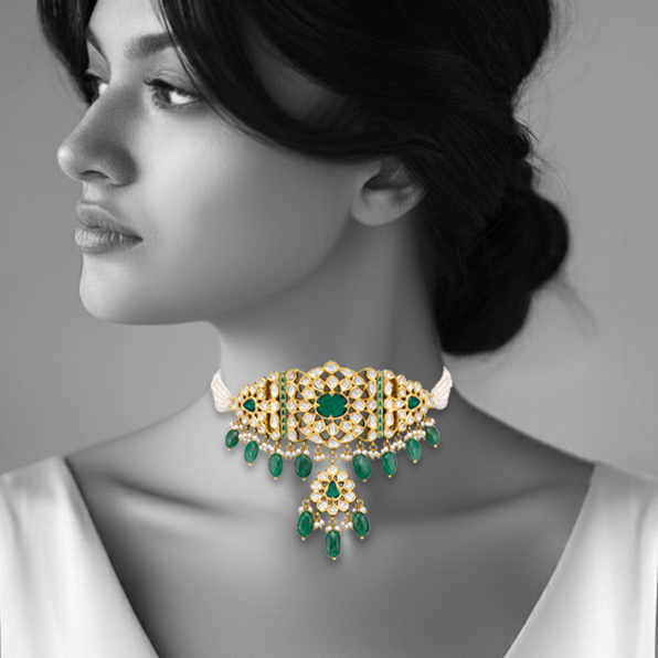 Zambian Emerald Mughal-Inspired Choker with Pearl Strands